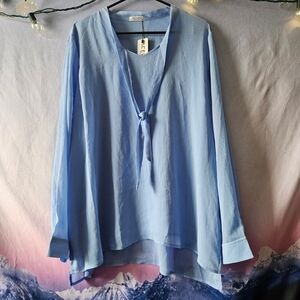 Acevog Blue Tie Front Long Sleeve Blouse